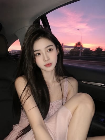 Pink-Purple Sunset Car Y2K Flash Selfie